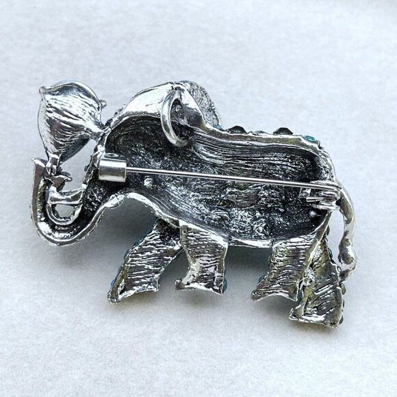 Silver with Blue Sapphire Black Onyx and AB Crystal Elephant Pin Back Brooch - Picture 9 of 10
